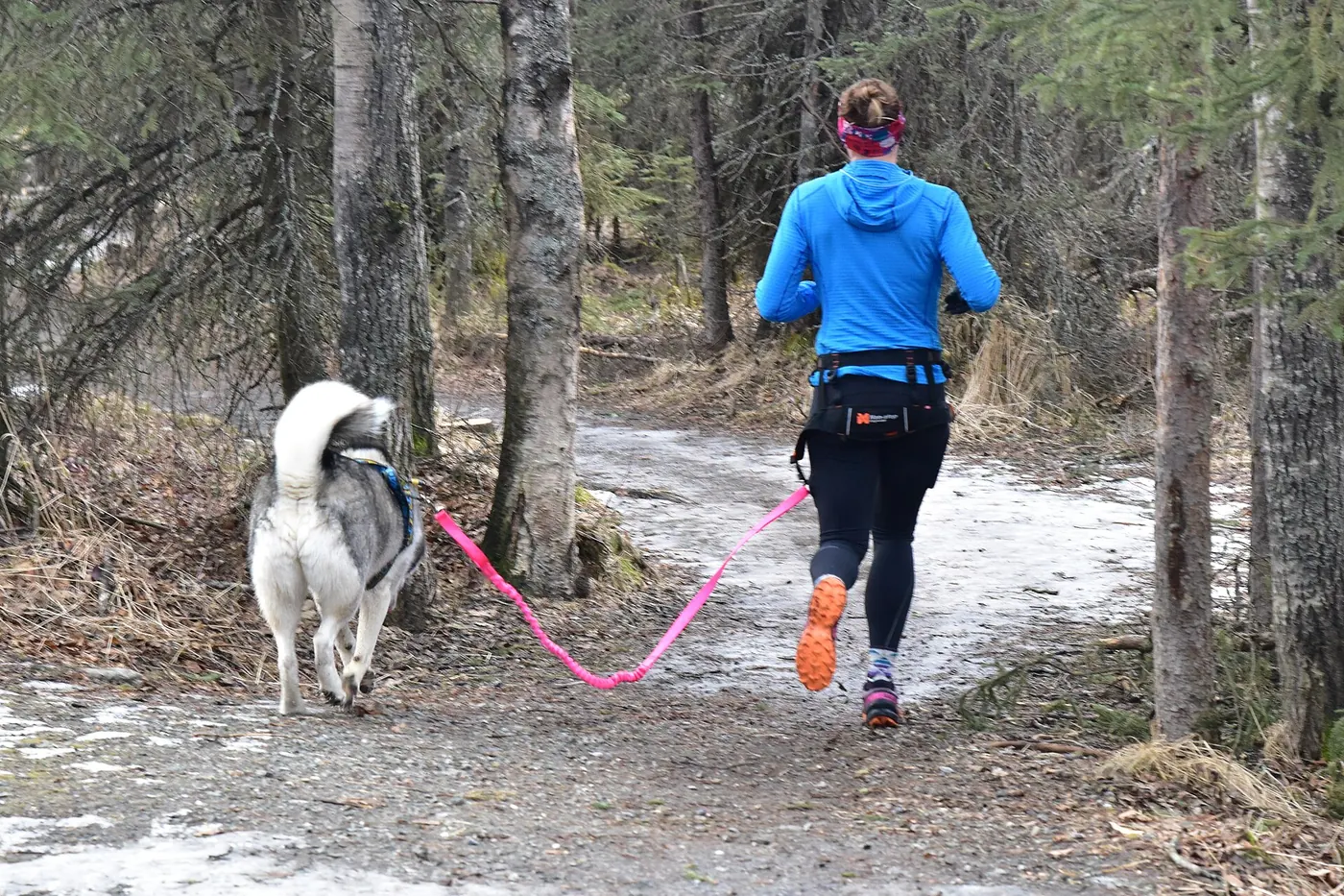 A woman running a forest trail with her dog