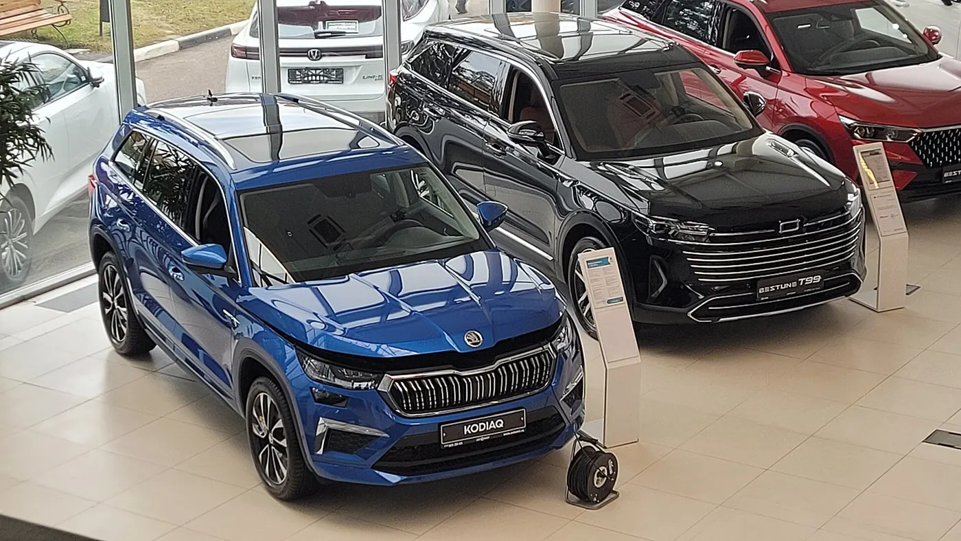 New cars on display in a showroom