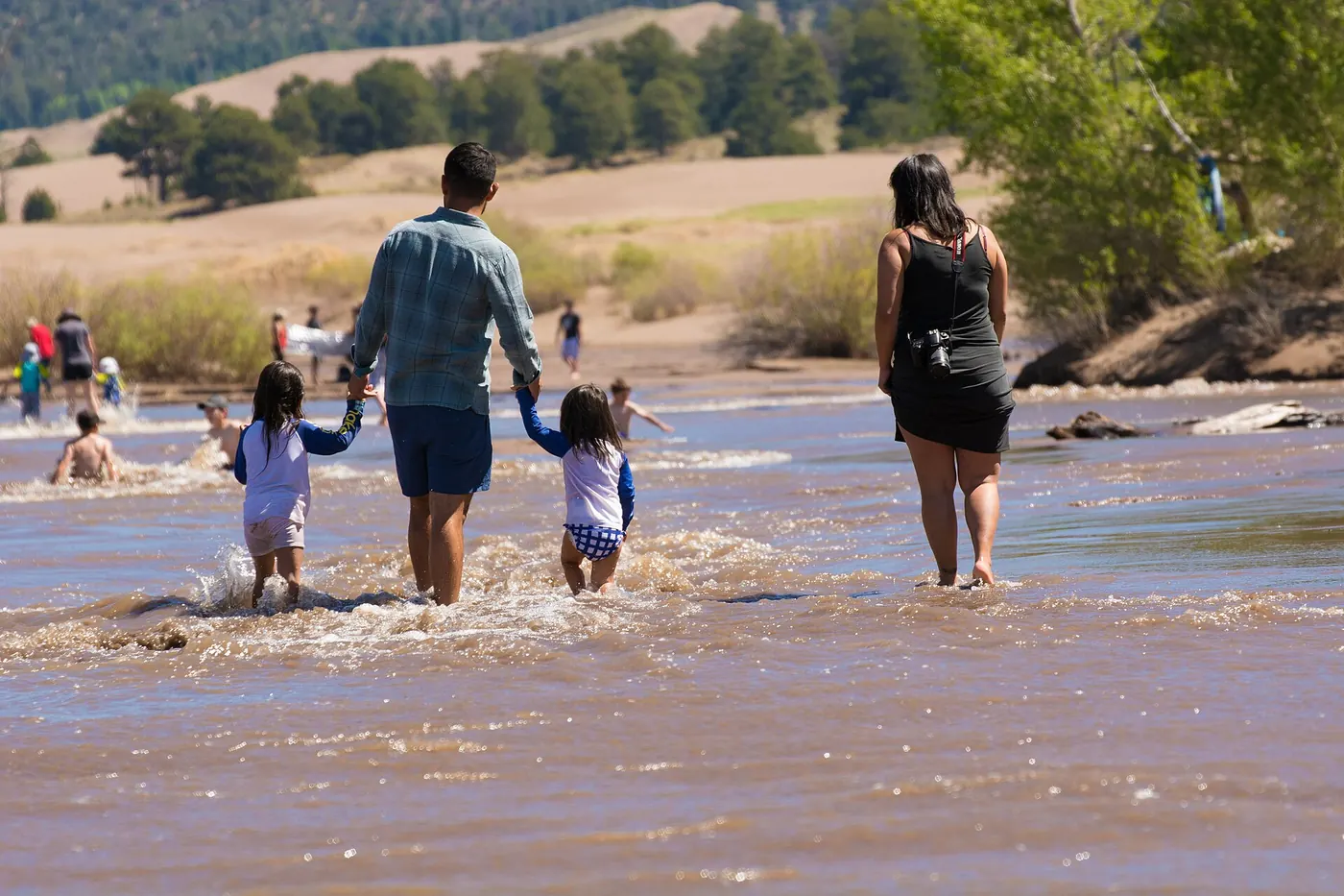 A family walking together through shallow water