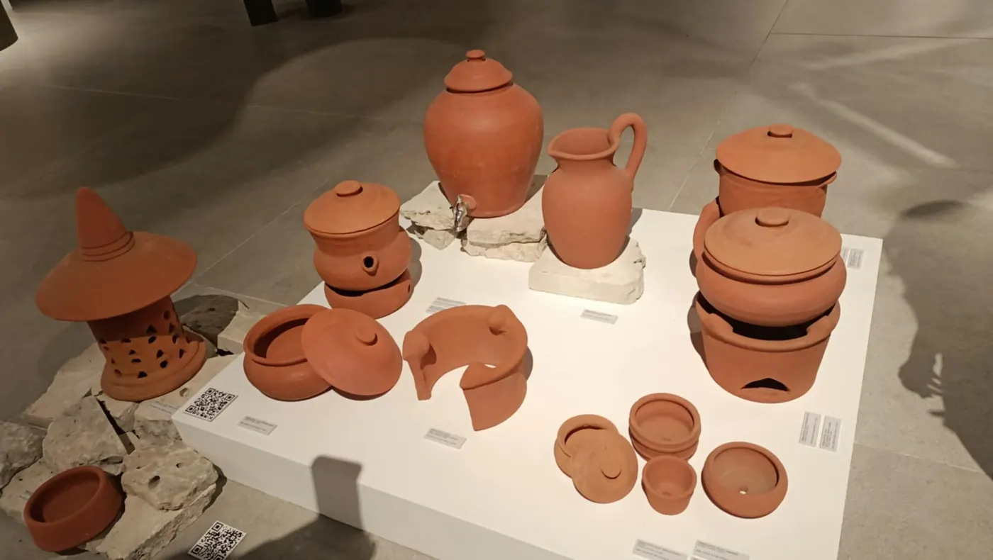 Handmade clay pottery on display