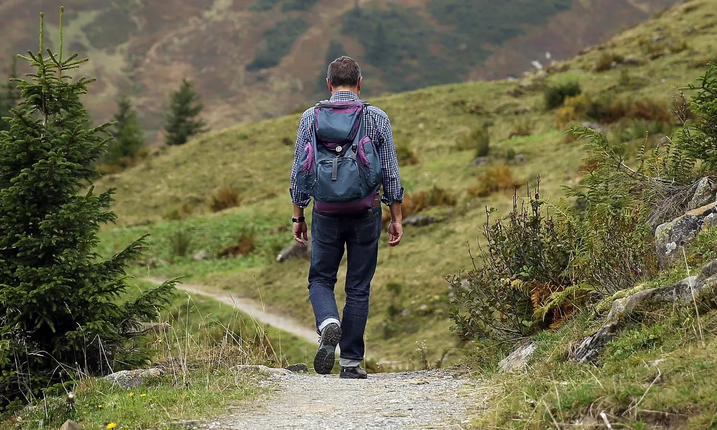 A hiker with a backpack on a mountain trail